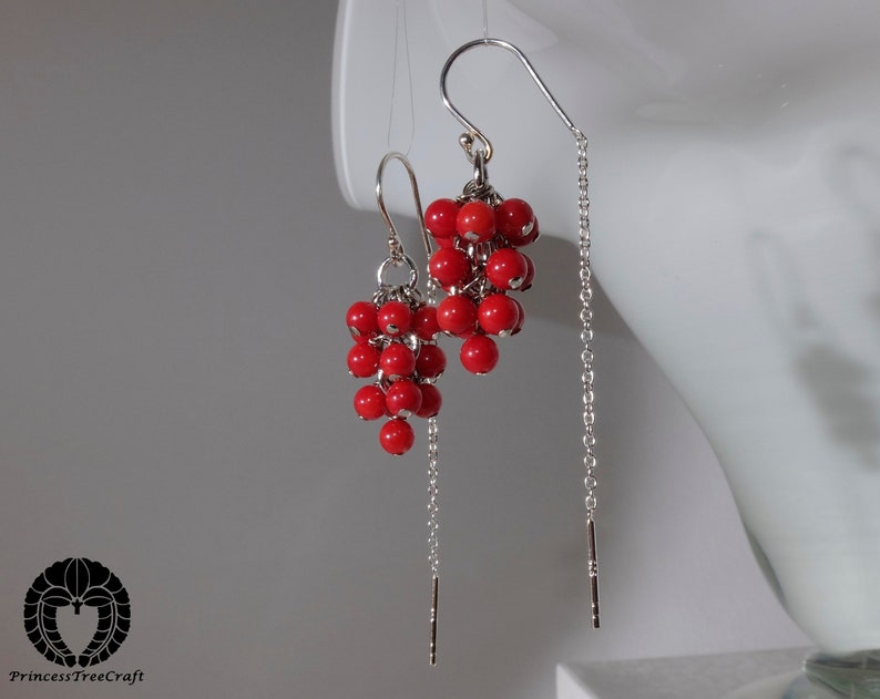 Tiny red coral grapes earrings with 925 sterling silver half threader ear wire image 2