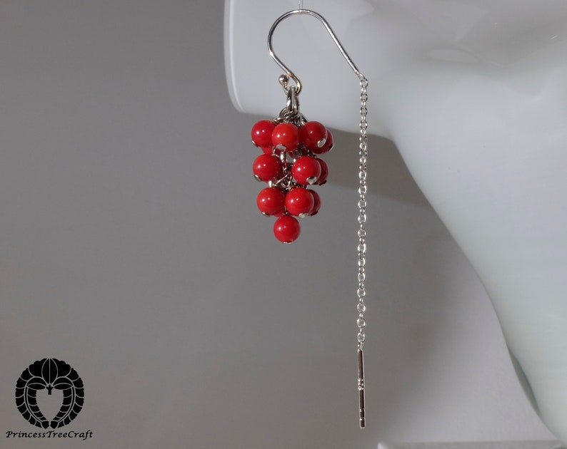 Tiny red coral grapes earrings with 925 sterling silver half threader ear wire image 5