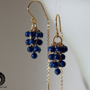 Tiny lapis lazuli half threader cluster earrings with 18k gold on 925 silver ear wire image 5