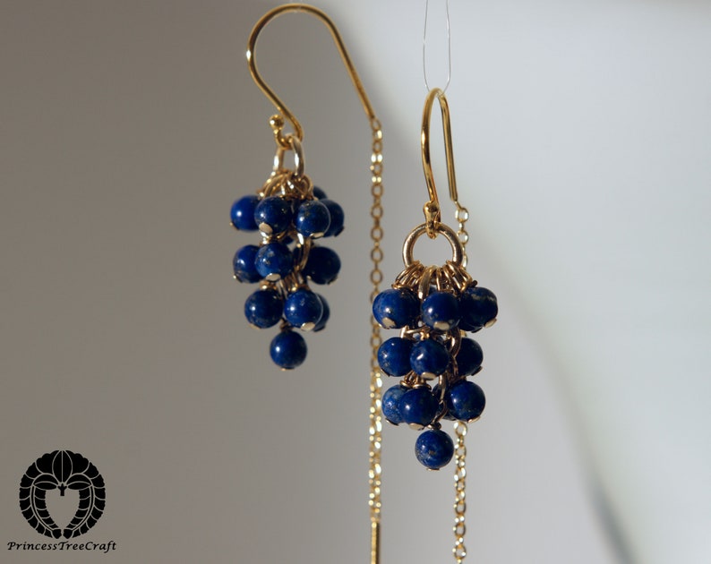 Tiny lapis lazuli half threader cluster earrings with 18k gold on 925 silver ear wire image 5