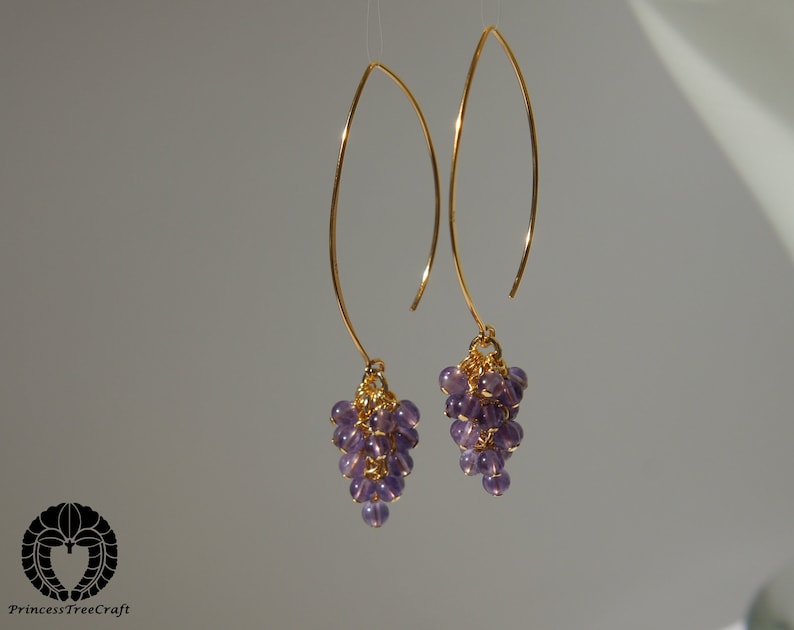 Tiny AAA amethyst cluster earrings with 24K real gold on 925 sterling silver ear wire