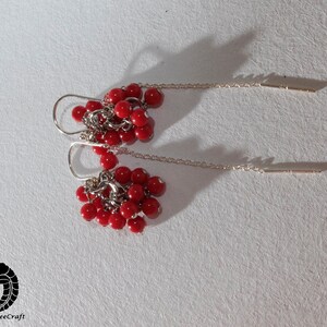 Tiny red coral grapes earrings with 925 sterling silver half threader ear wire image 6