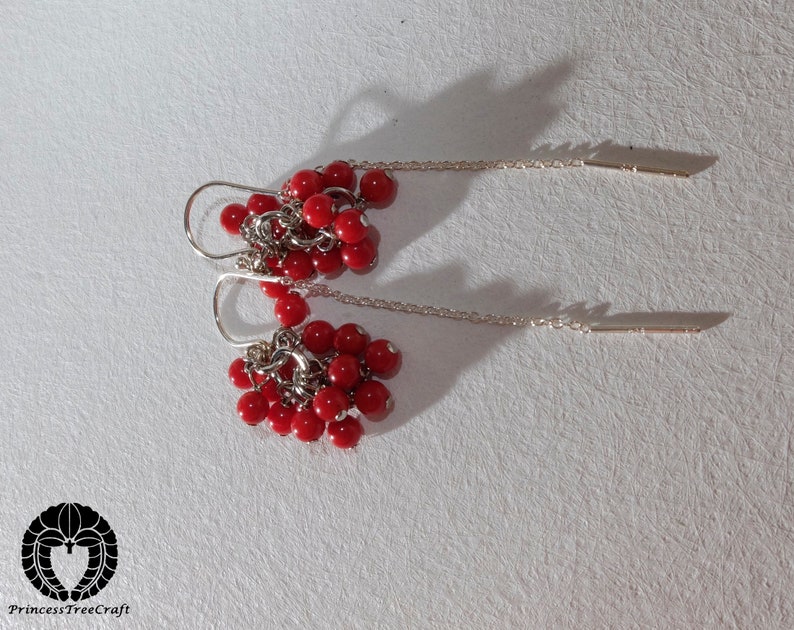 Tiny red coral grapes earrings with 925 sterling silver half threader ear wire image 6