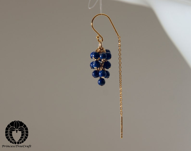 Tiny lapis lazuli half threader cluster earrings with 18k gold on 925 silver ear wire image 6