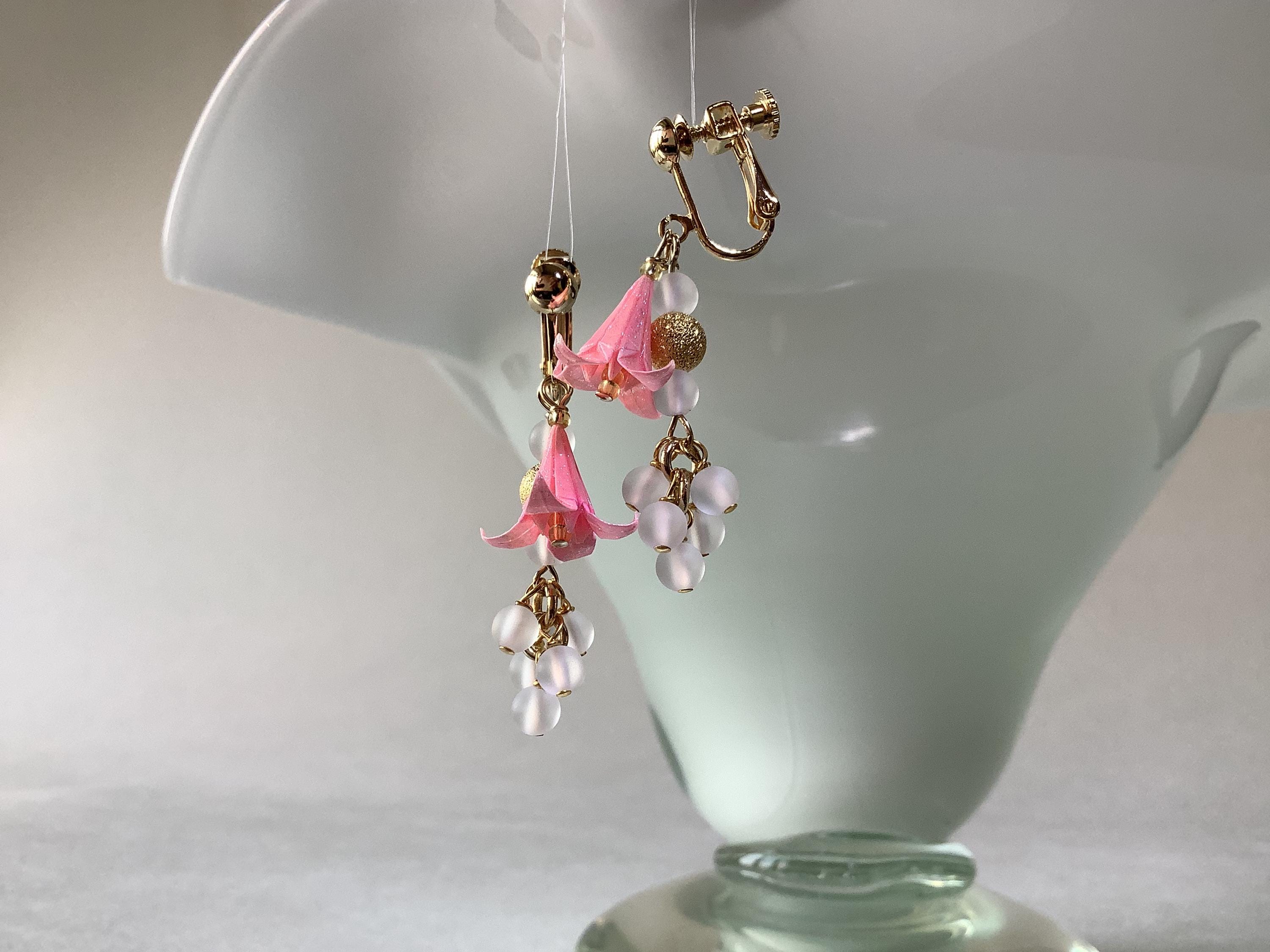 Clip on earrings, origami lily earrings with frosted white rock crystal quartz, Origami Jewelry