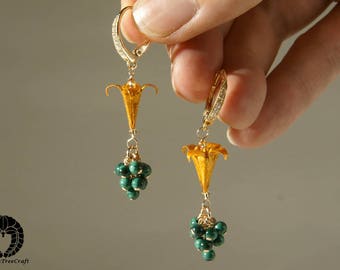 Origami jewelry, Origami lily earrings, golden yellow lilies with AAA natural malachite cluster and leverback earring hooks