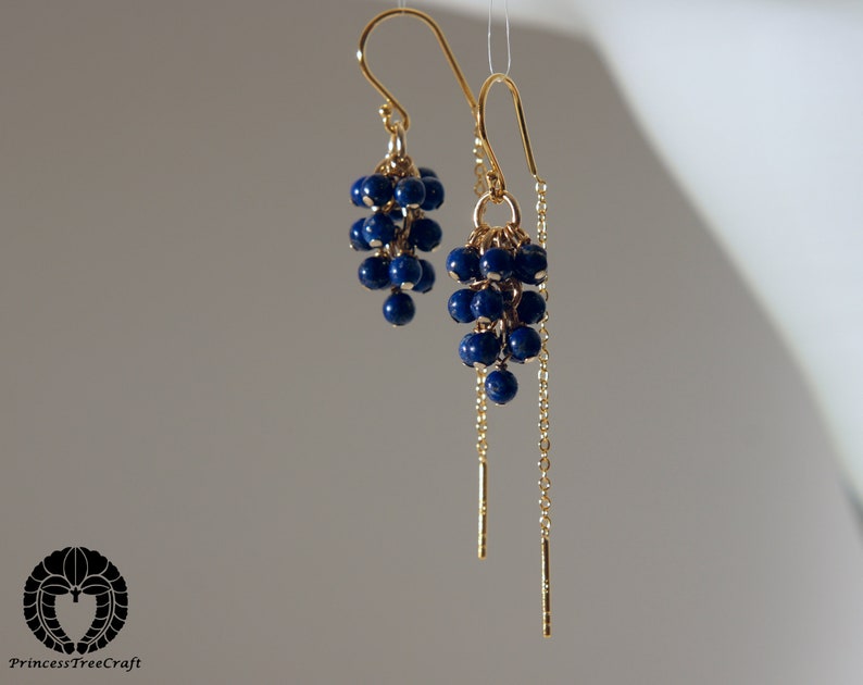 Tiny lapis lazuli half threader cluster earrings with 18k gold on 925 silver ear wire image 4