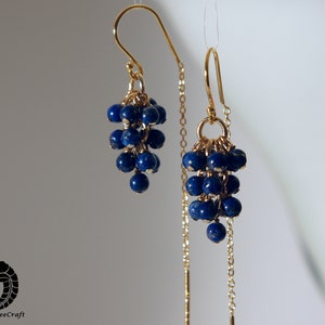 Tiny lapis lazuli half threader cluster earrings with 18k gold on 925 silver ear wire image 3