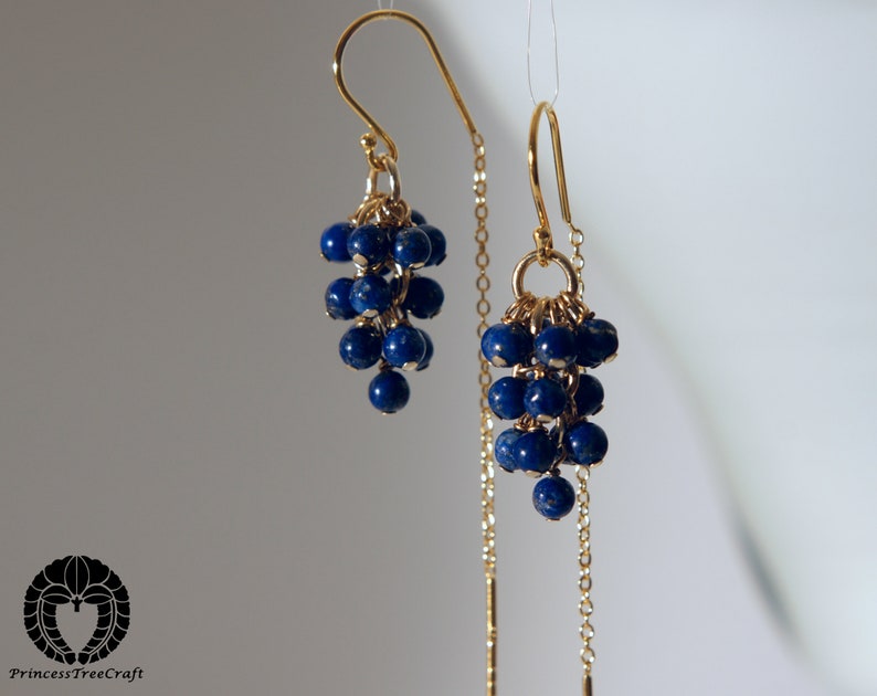 Tiny lapis lazuli half threader cluster earrings with 18k gold on 925 silver ear wire image 3