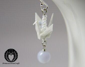 Origami crane jewelry, Origami crane earrings with blue lace agate - White crane