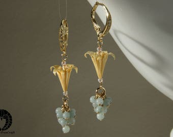 Origami lily earrings, vanilla cream lilies with amazonite cluster and 14K gold on 925 sterling silver leverback ear wire