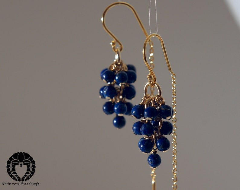 Tiny lapis lazuli half threader cluster earrings with 18k gold on 925 silver ear wire image 1