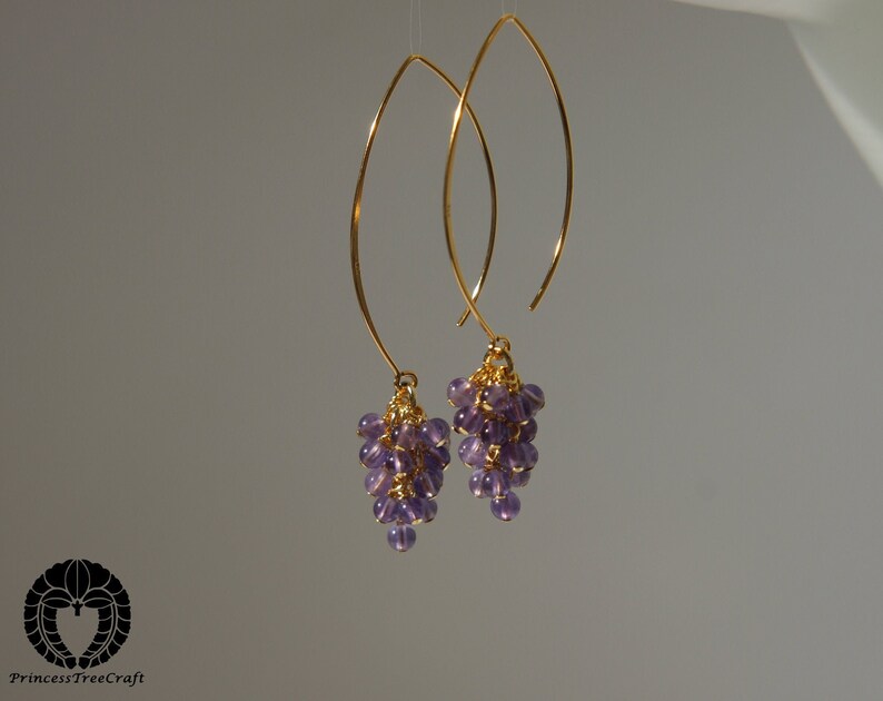 Tiny AAA amethyst cluster earrings with 24K real gold on 925 sterling silver ear wire