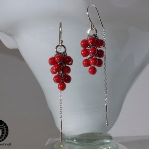 Tiny red coral grapes earrings with 925 sterling silver half threader ear wire image 3