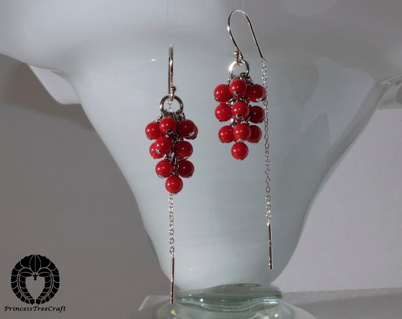Tiny red coral grapes earrings with 925 sterling silver half threader ear wire image 3