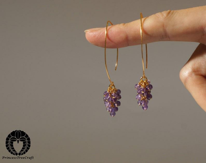 Tiny AAA amethyst cluster earrings with 24K real gold on 925 sterling silver ear wire