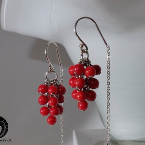 Tiny red coral grapes earrings with 925 sterling silver half threader ear wire image 4