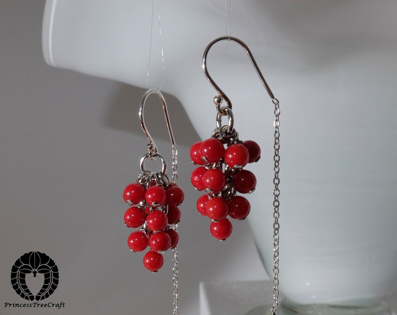 Tiny red coral grapes earrings with 925 sterling silver half threader ear wire image 4