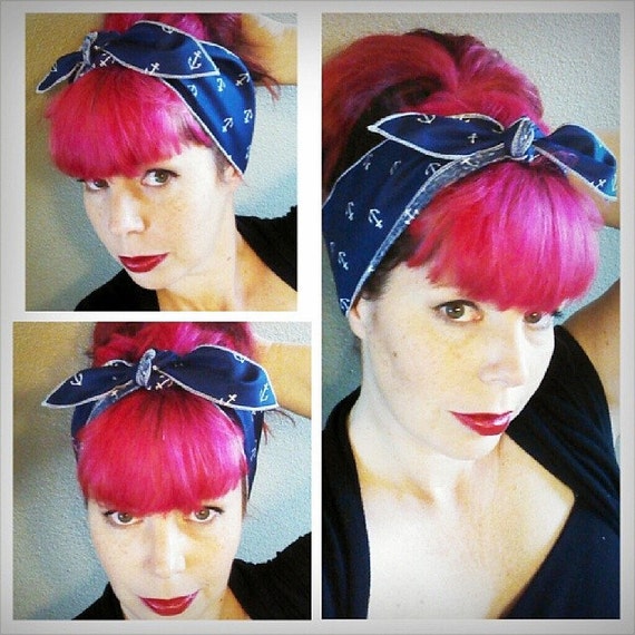 SALE White Anchors on Navy one sided WIDE Headwrap Bandana