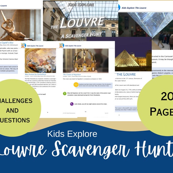 Kinderen verkennen, het Louvre, speurtocht, Frankrijk, afdrukbaar, downloadbare activiteit, museum, Parijs, reisactiviteit, reisspellen, kinderspel