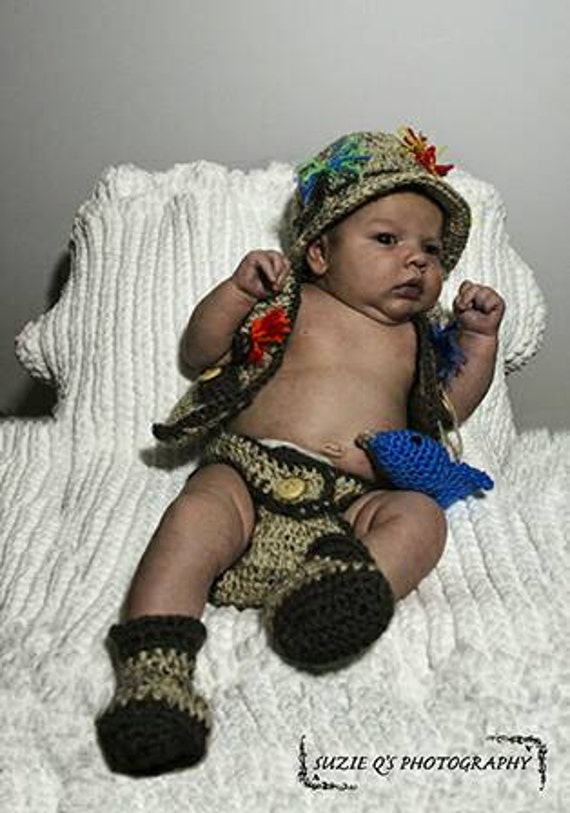 5 Piece Crochet Fisherman Set Includes Hat, Vest ,diaper Cover,boots and  Toy Fish and Pole 