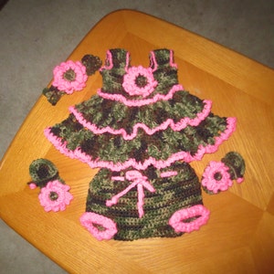 Camo and Pink Dress Set-4 piece set includes dress,headband& sandals with flowers and diaper cover has ruffled bottom
