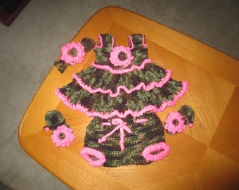 Camo and Pink Dress Set-4 piece set includes dress,headband& sandals with flowers and diaper cover has ruffled bottom