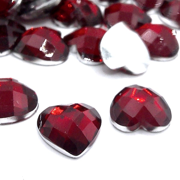 100 Acrylic Faceted Red Heart Cabachon 9.5mm  (1D1)