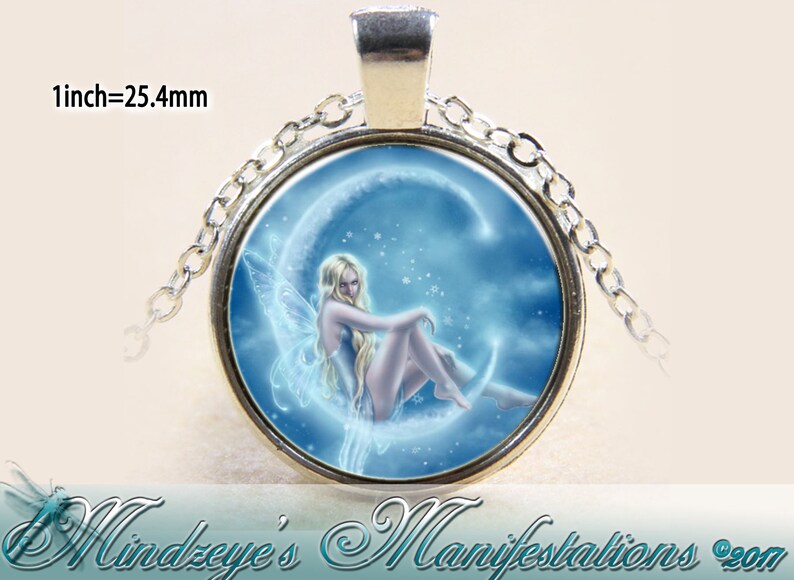 Domed Glass Pendant Necklace~ Moon Faerie Design 27mm