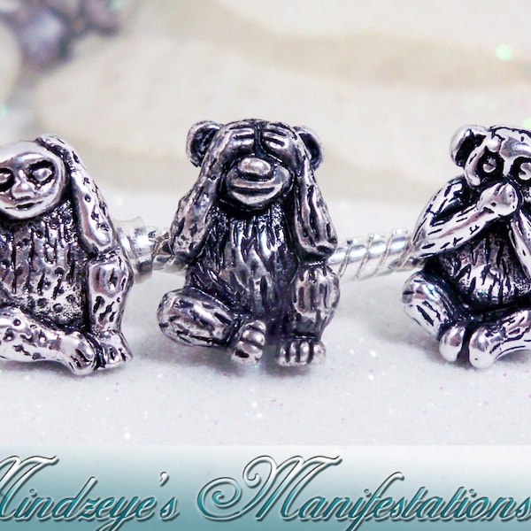 Hear, See & Speak No Evil Monkey Euro Beads Antq Silver Finish