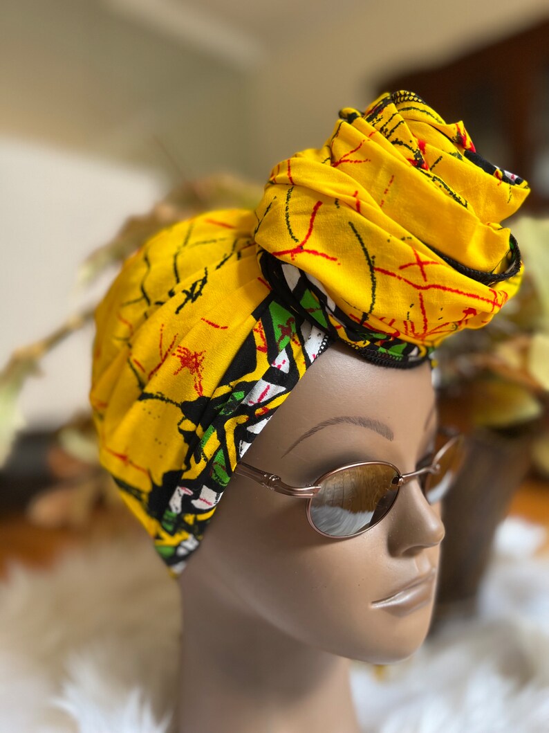 Ship Quickly! Yellow Colorful Print Head-wrap! 100% Cotton Made in USA GIFT IDEAS image 3