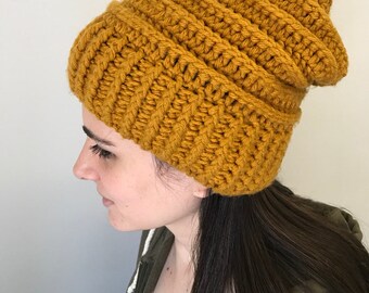 Mustard Yellow Slouchy Beanie, Acrylic Wool Rasta Hat