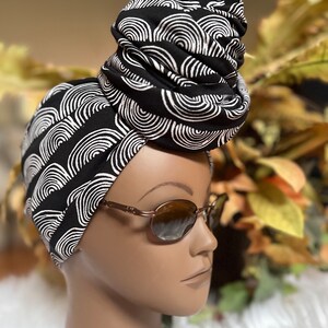 Ship Quickly Soft Stretchy Head-wrap, Black and White Jersey Knit Headwrap, Chemo Headwrap, Turban, Made in USA.