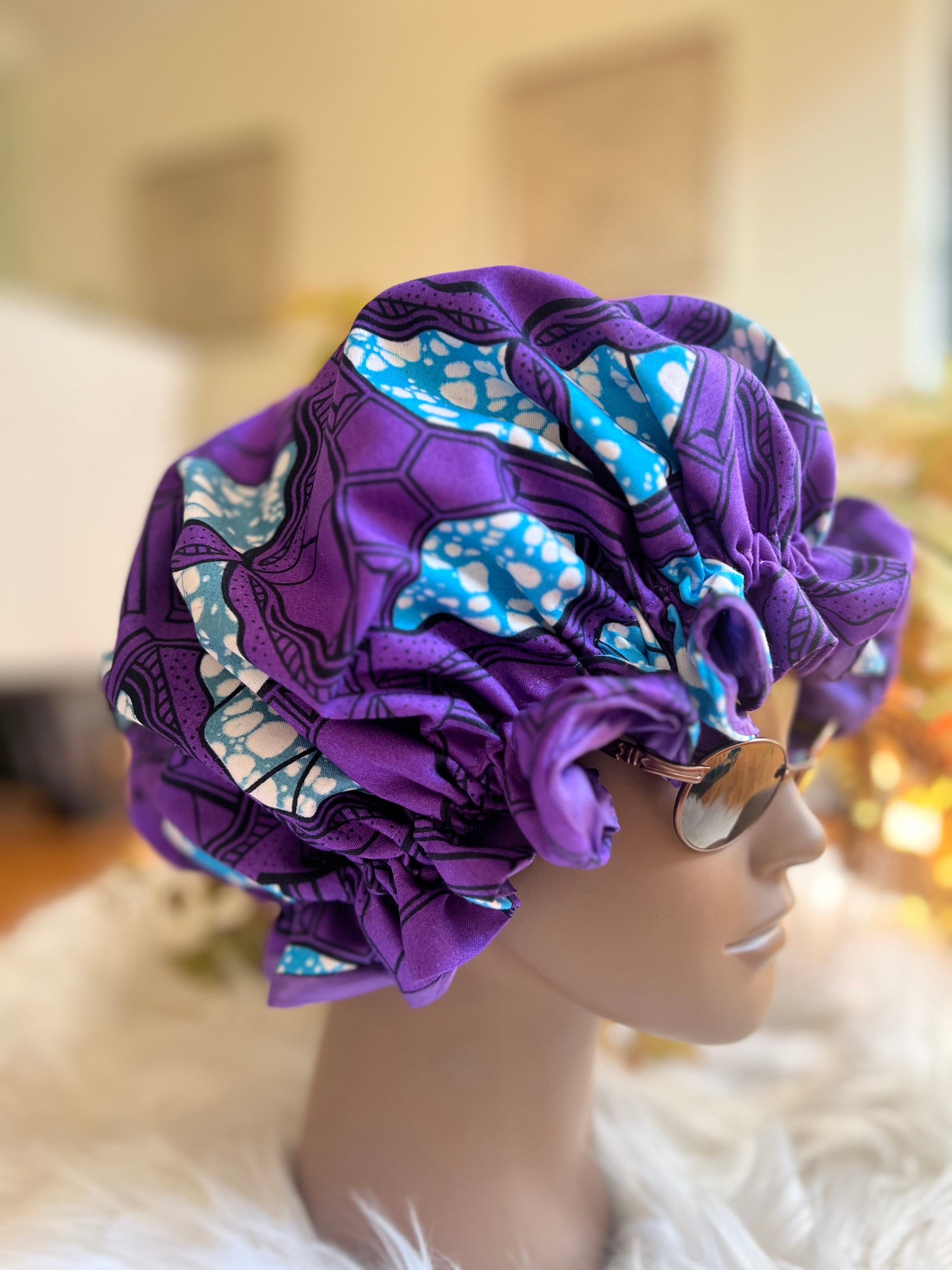 Turban Silk Lined Hair Bonnet Black Hair African Print Satin-Lined