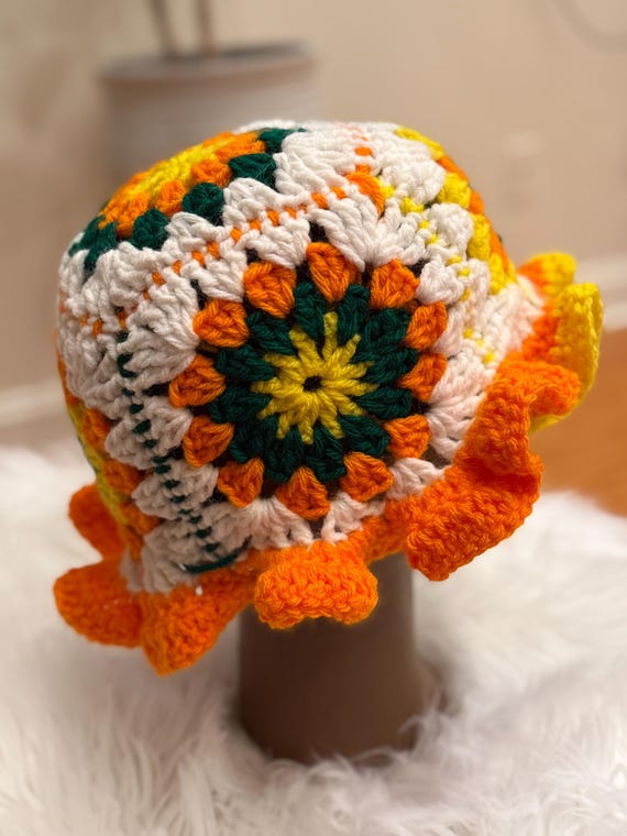 Handmade Crochet Granny Square Bucket Hat: Yellow, Green  display picture 1