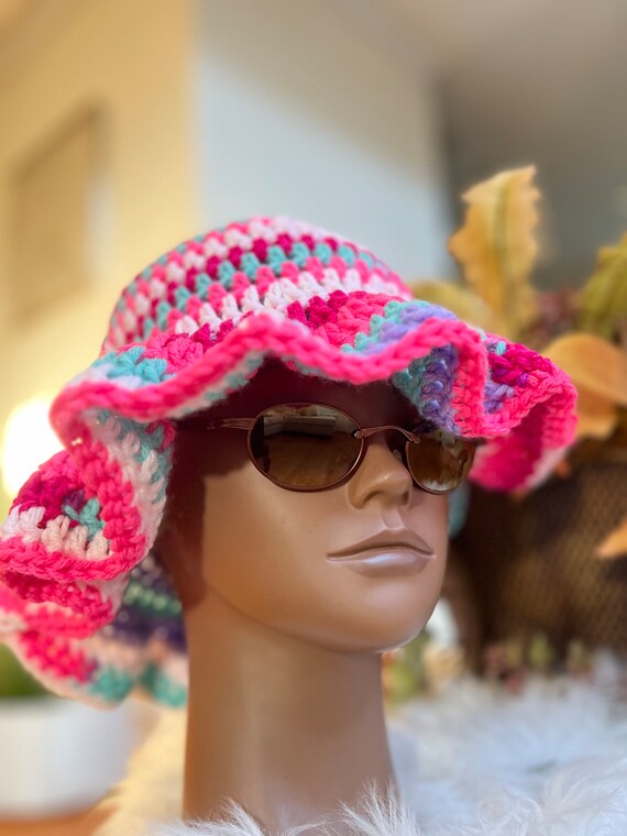 NEW Handcrafted Pink and black Crochet ruffle bucket hat  Accessory Blooming Ruffle Bucket Hat , Crochet , Blue Purple and Pink  main image 4