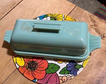 vintage teal flower plastic butter dish