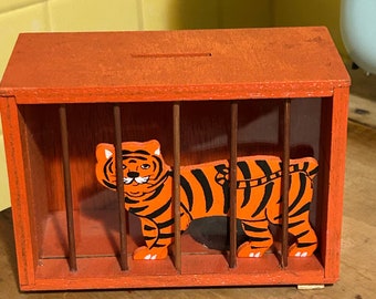 vintage enesco japan wood tiger bank with stopper