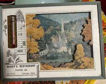 vintage advertising framed wall thermometer church mountain scene