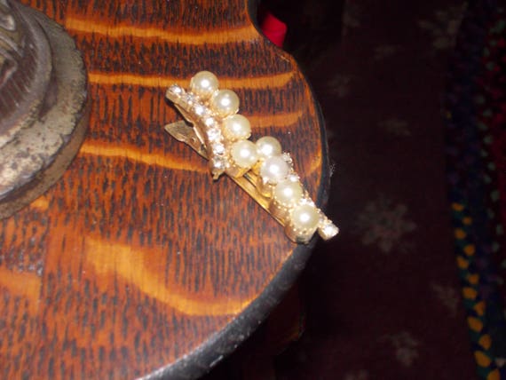 vintage pearl rhinestone barrette hair clip - image 2