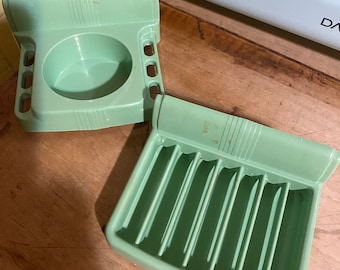 vintage plastic jadeite  green soap dish and cup toothbrush holder