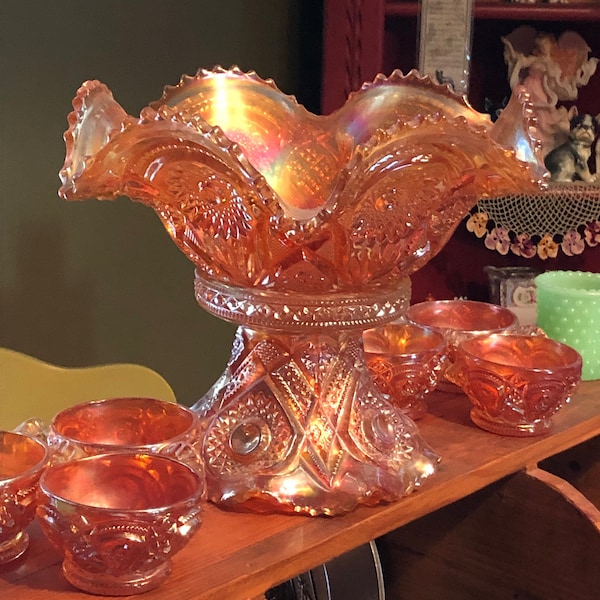 Carnival Glass Punch Bowl Set Etsy