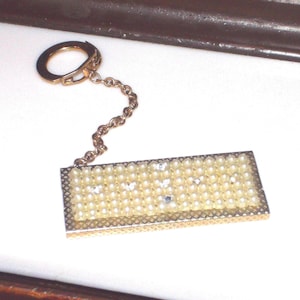vintage rhinestone pearl stamp holder  keychain compact