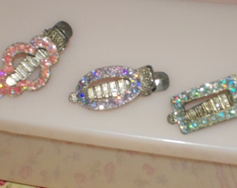 vintage pink green rhinestone barrettes