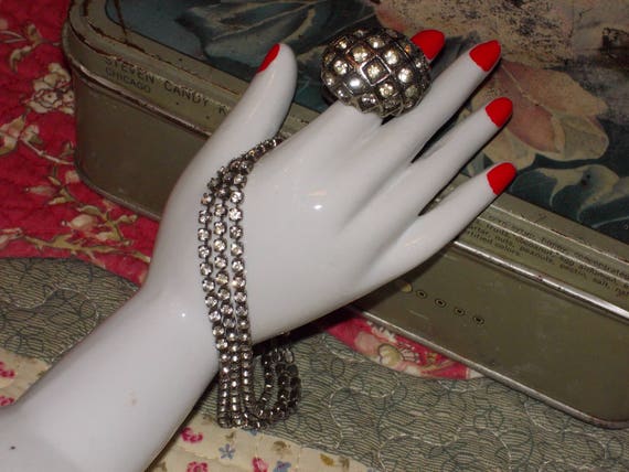 vintage triple strand rhinestone bracelet and rhi… - image 1