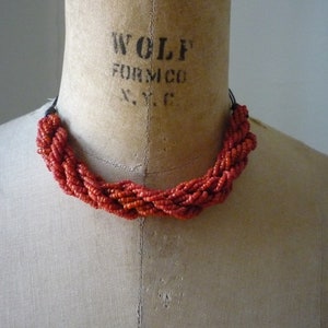 Vintage Seed Bead Coral Braided Three Strand Brown Leather Adjustable Choker Necklace