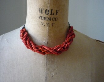 Vintage Seed Bead Coral Glass Braided Three Strand Brown Leather Adjustable Choker Necklace