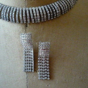Vintage Austrian Clear Crystal Rhinestone Rhodium Plate Choker Necklace Dangling Earring Set image 1
