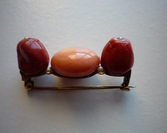 Antique Victorian Natural Undyed Red Coral Angel Skin Coral Seed Pearl 14K Rose Gold Brooch Pin