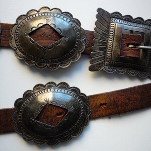 Antique Second Phase Navajo Native American Coin Silver Brown Leather Concho Belt image 3